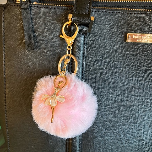 Enamel Ballerina Diamond & Pearl Accent with Pink Pom Pom Purse Charm /Key Charm - Picture 7 of 7